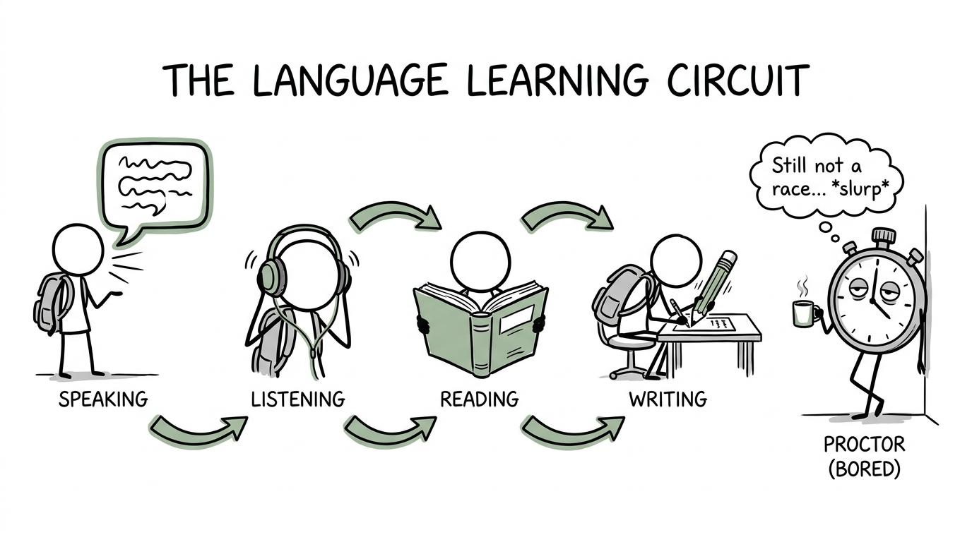 Four cheerful language-practice stations and a bored stopwatch enjoying tea