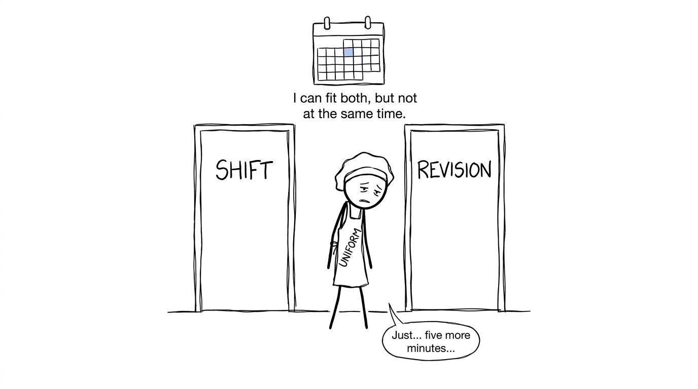 A student negotiating calmly with doors labelled Shift and Revision