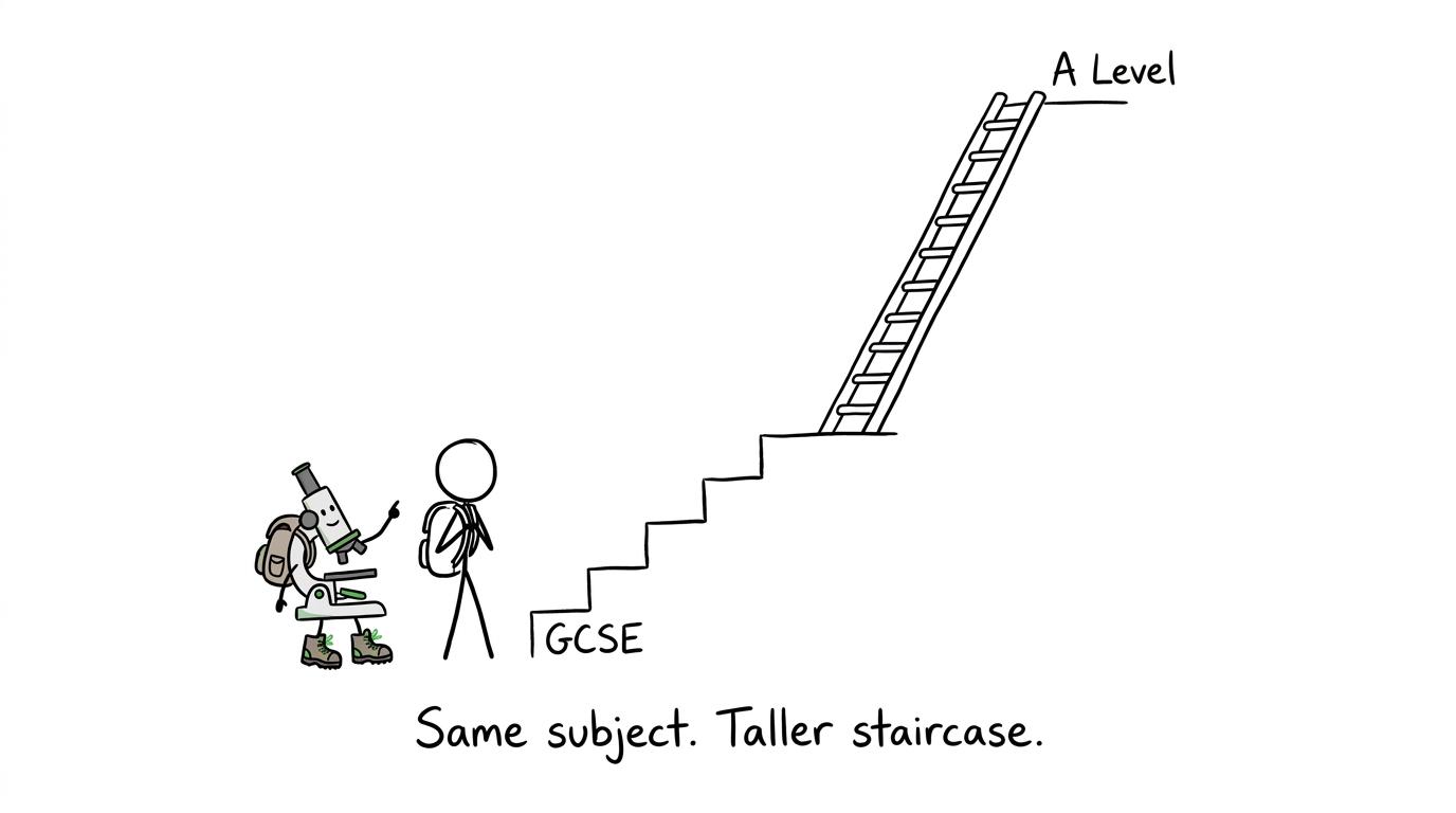 A student facing the unexpectedly tall staircase from GCSE to A Level