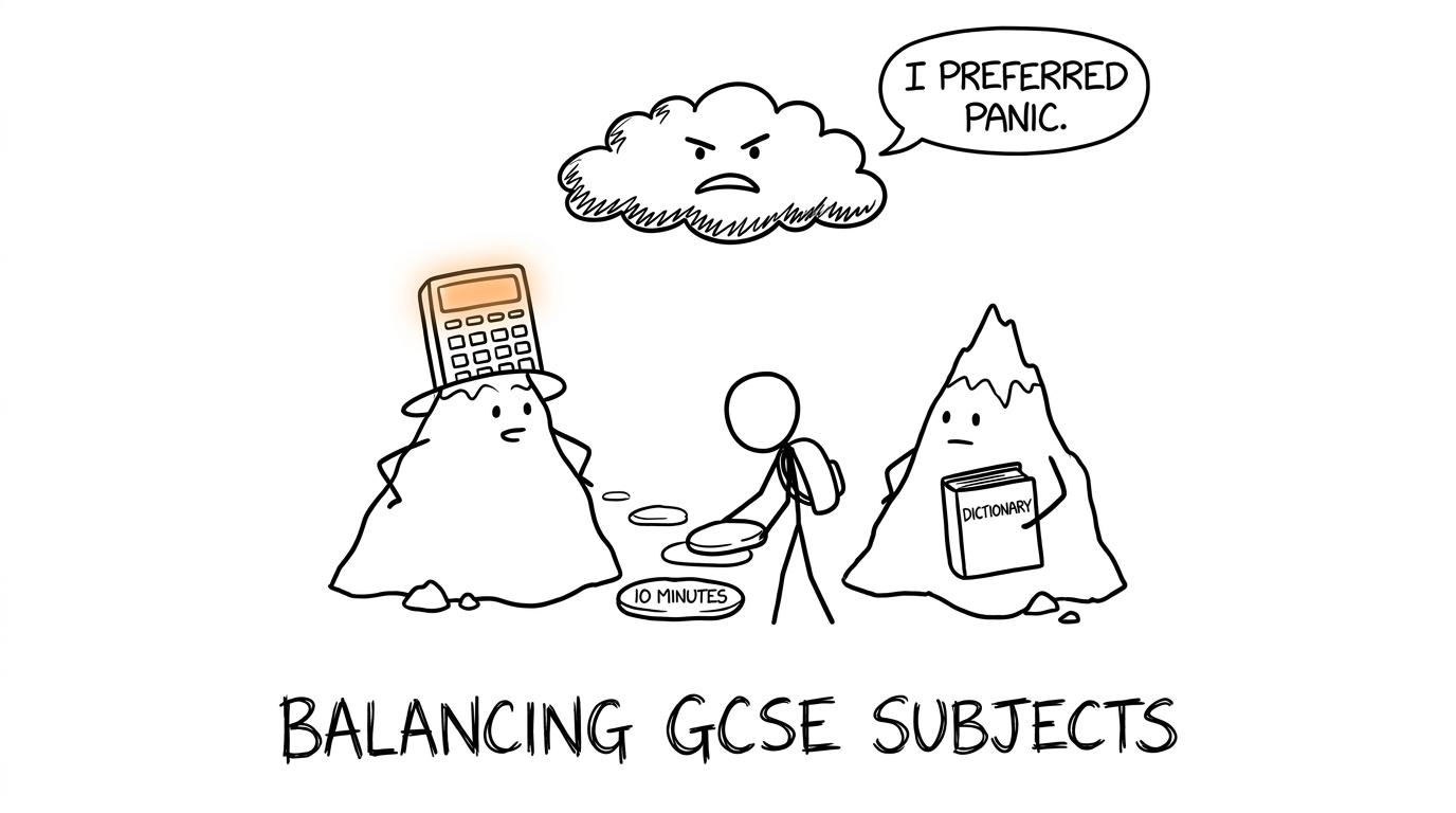 A student building stepping stones between maths and language revision while a panic cloud objects