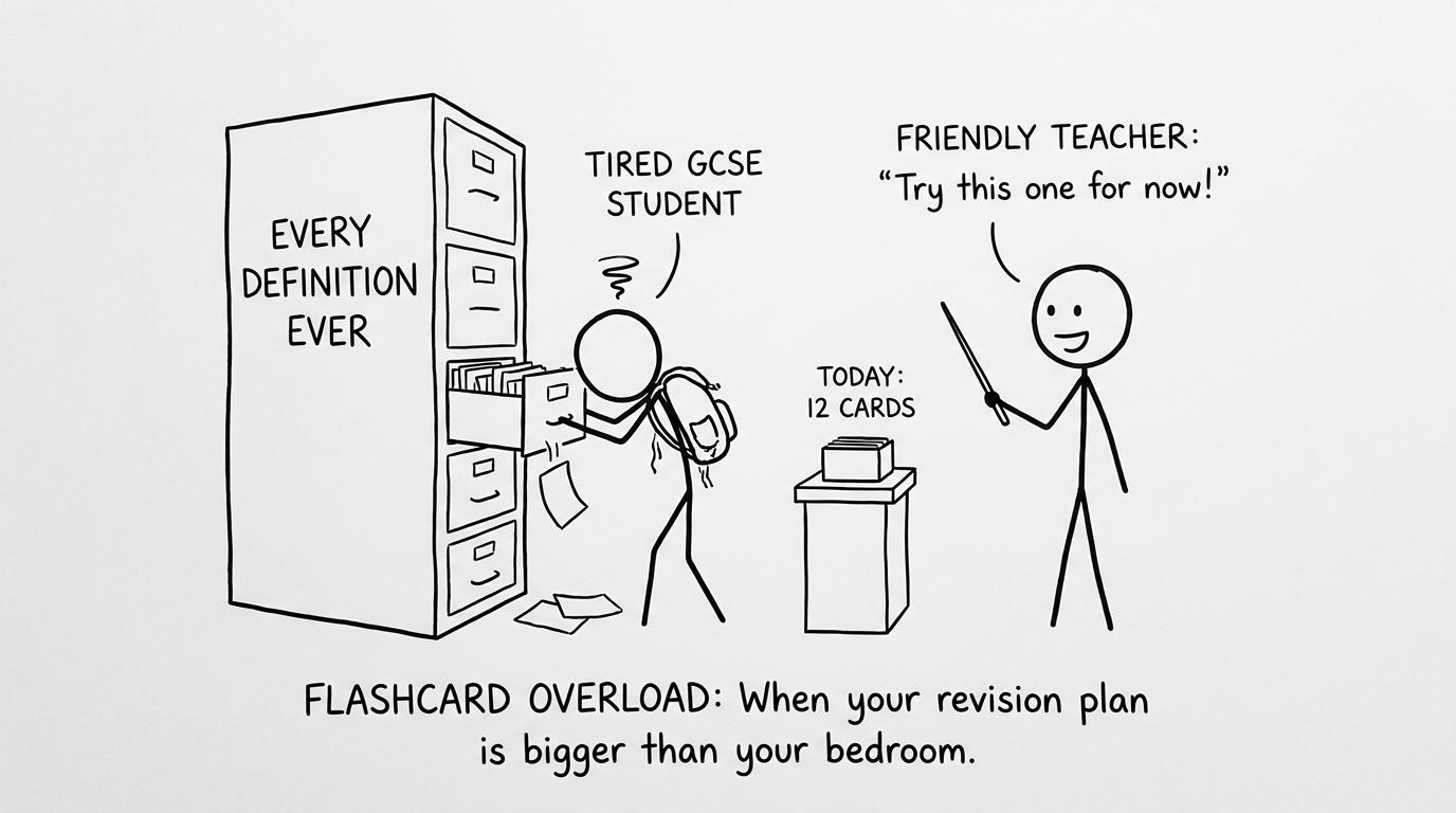 A student choosing a manageable flashcard box instead of an enormous revision filing cabinet