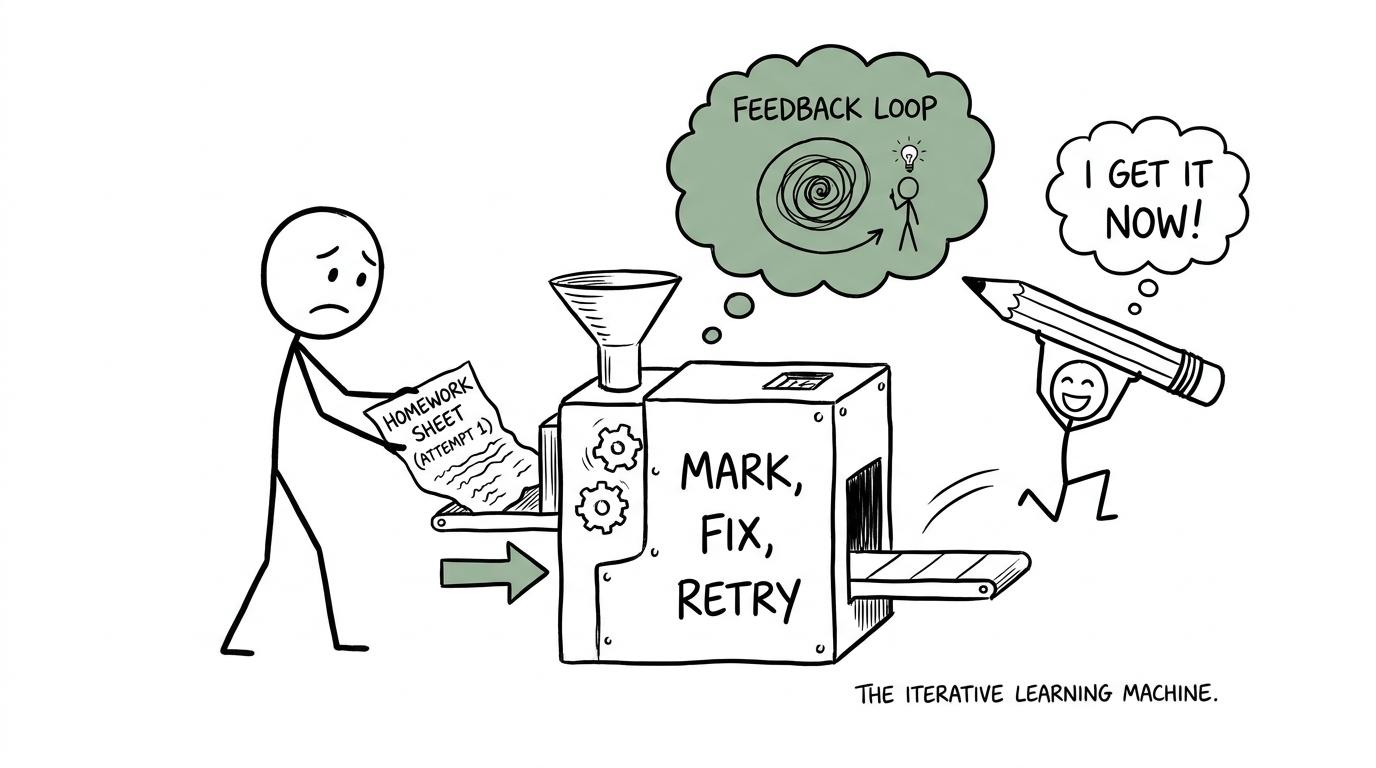 A homework sheet going through a mark, fix and retry machine
