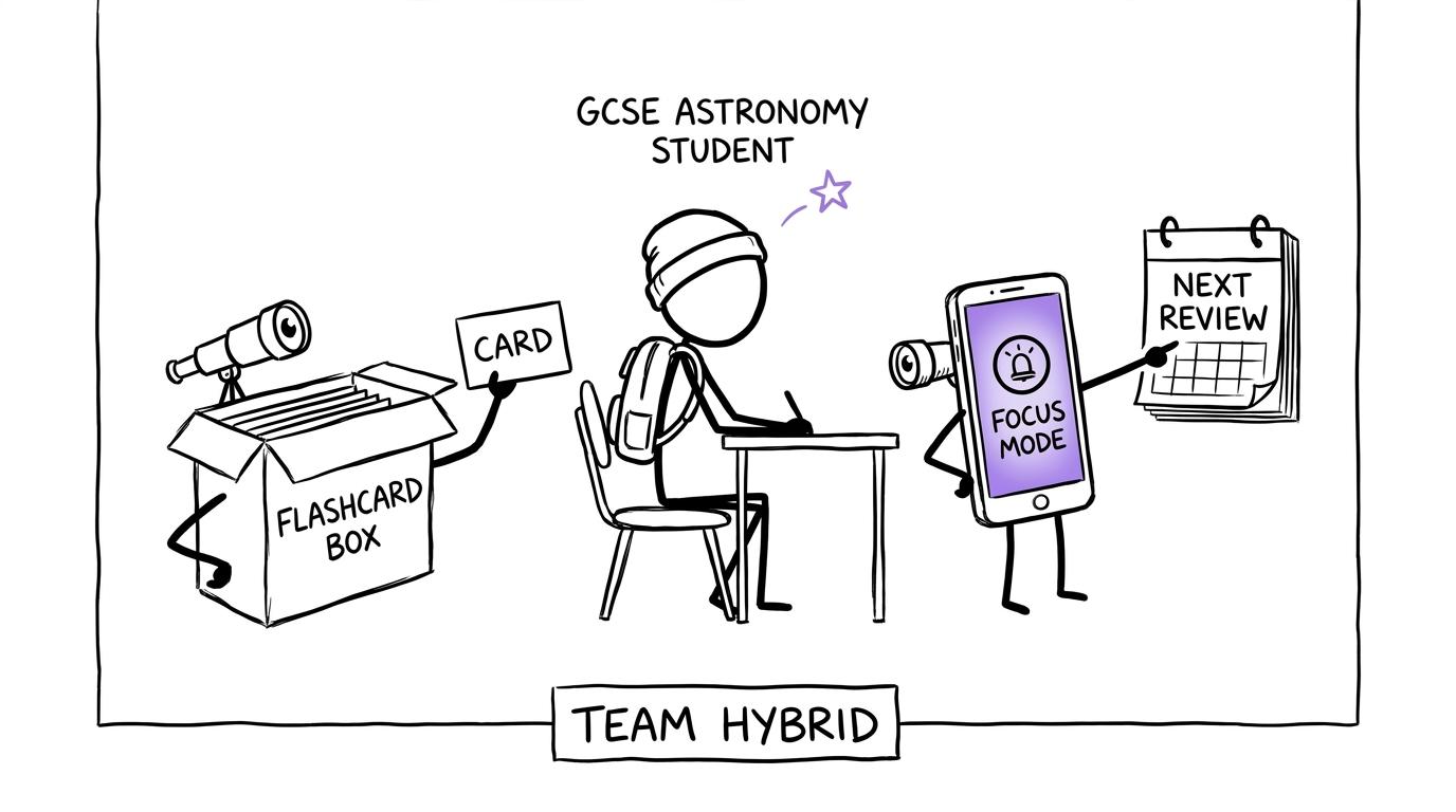 A paper flashcard box and a phone in focus mode working together as Team Hybrid