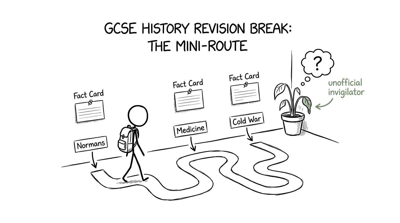 A student walks between History revision stations while a houseplant supervises