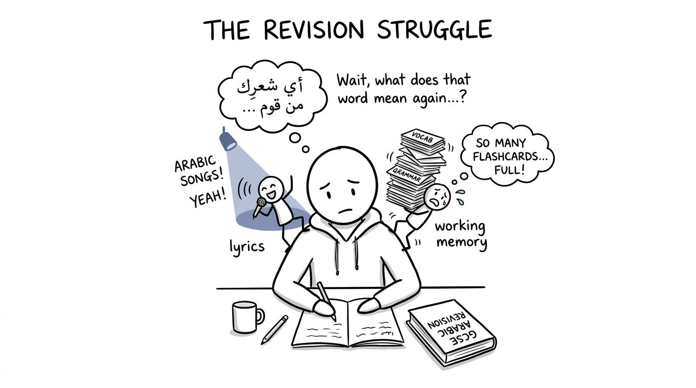 A GCSE student's working memory struggles while song lyrics compete with vocabulary revision
