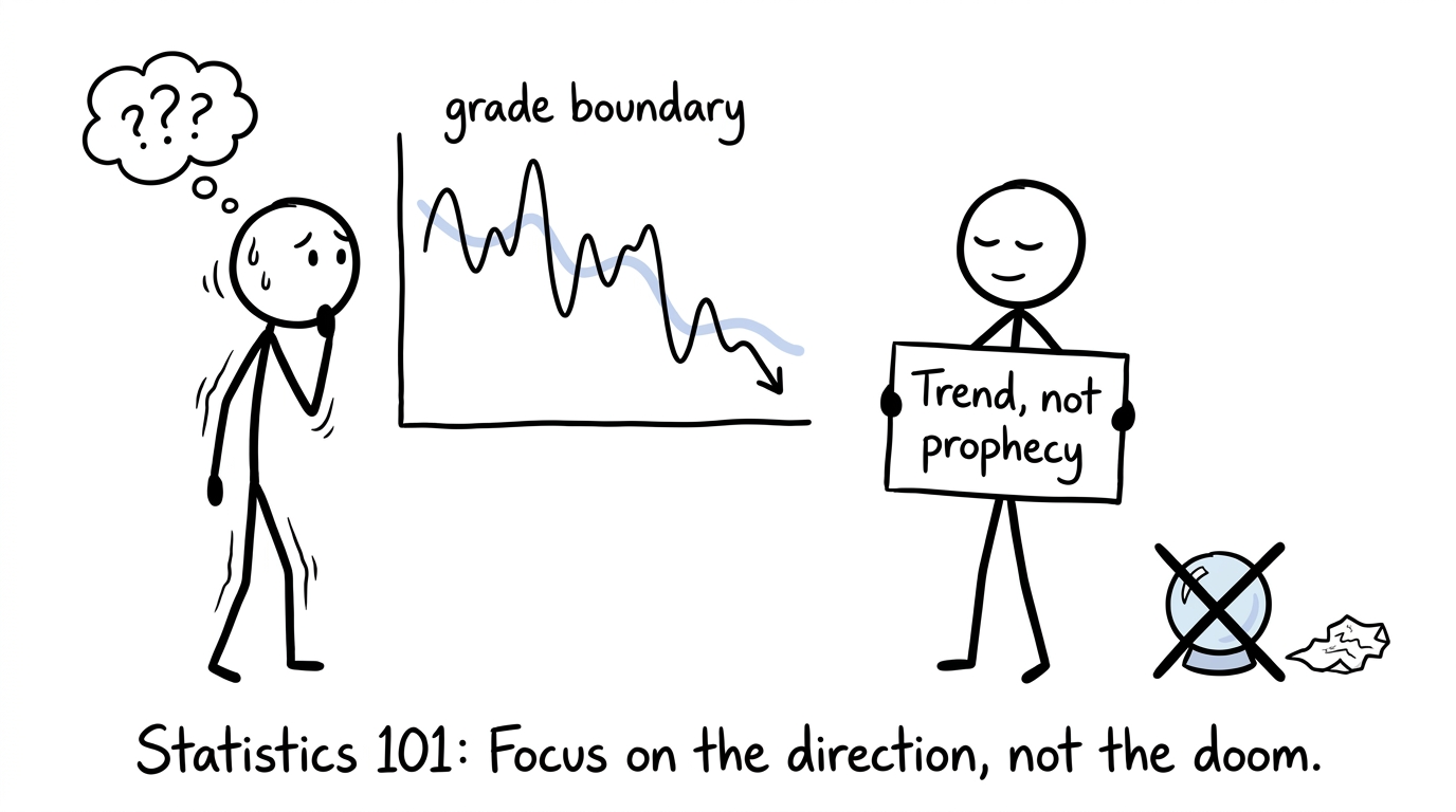 A student learns that a grade-boundary trend is not a prophecy