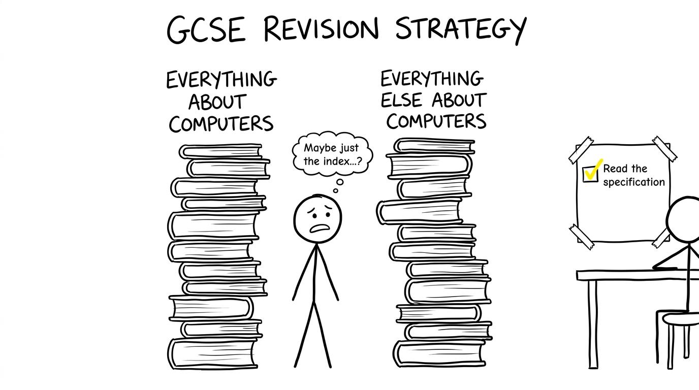 A giant pair of computing books wobbling over a useful specification checklist