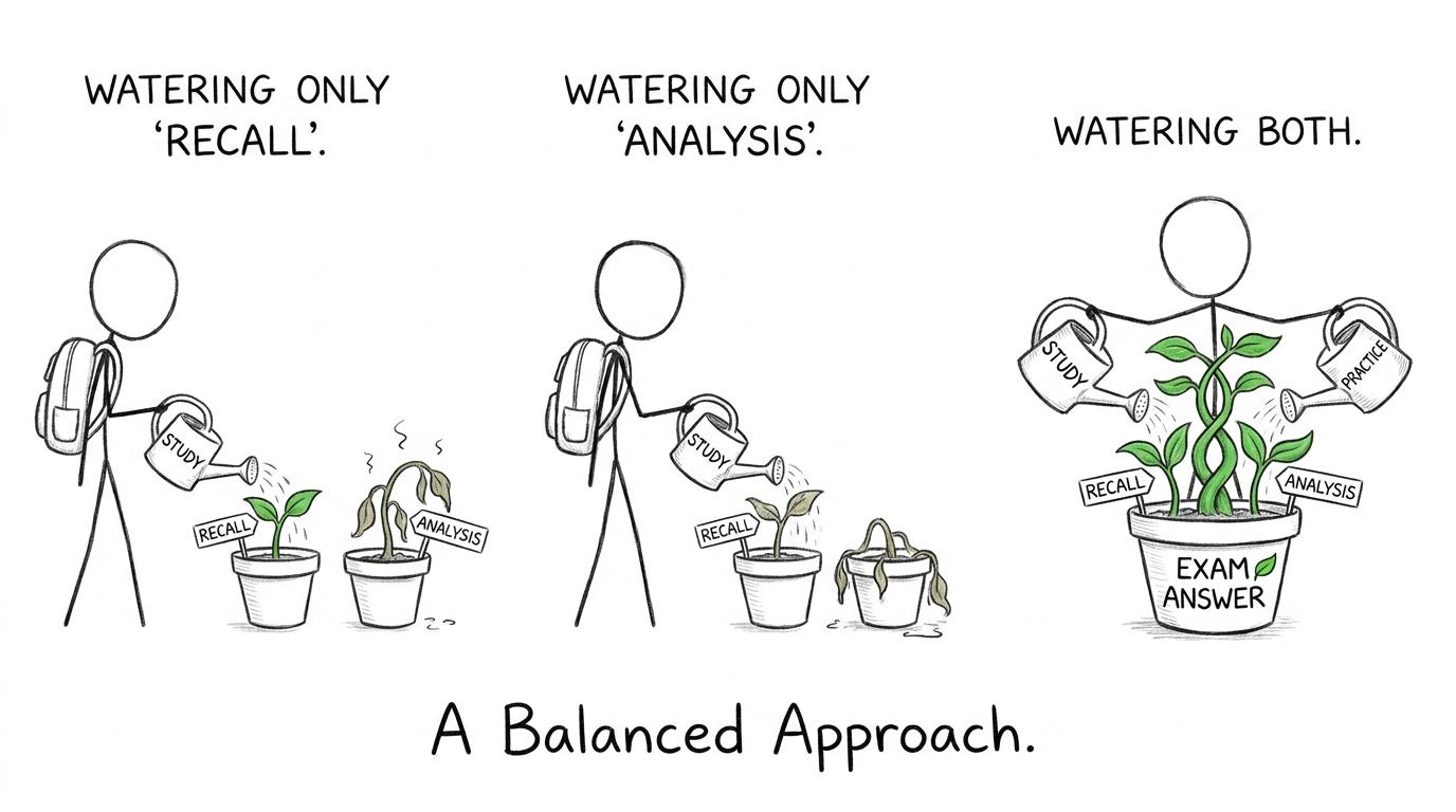 A student waters both recall and analysis plants to grow a strong exam answer