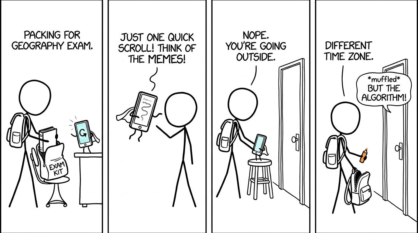 A student defeats a distracting phone by placing it in another time zone