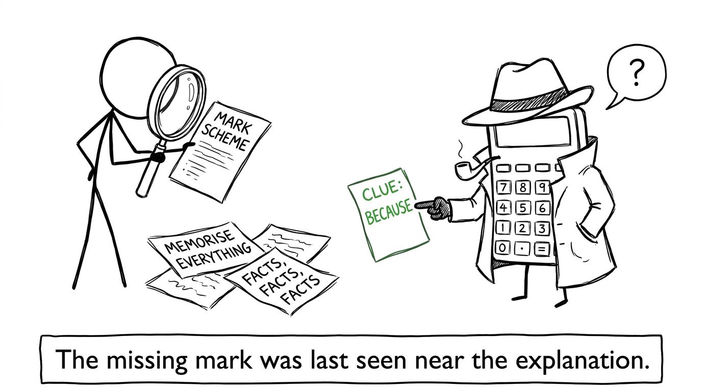 A student investigates the mysterious disappearance of an explanation mark