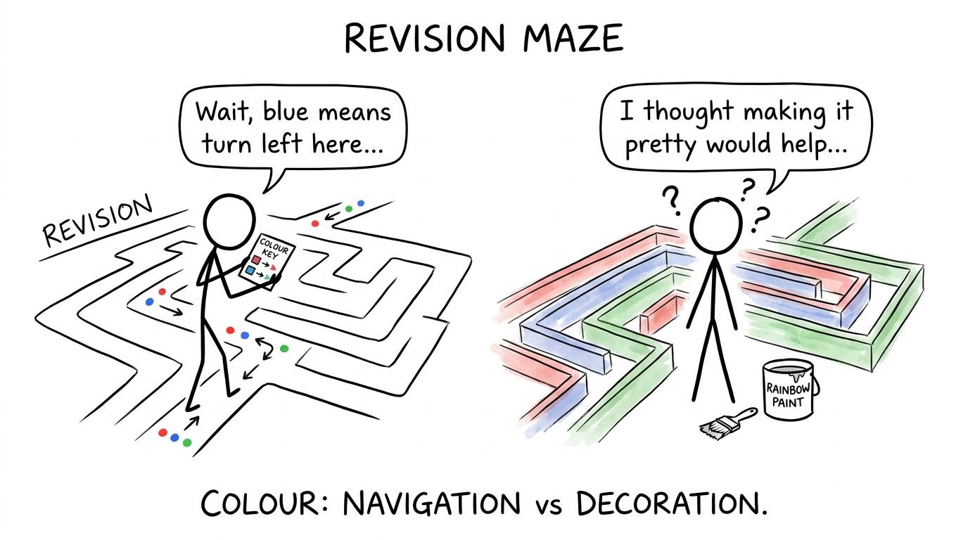 A simple colour key guides one student through revision while another gets lost in a rainbow maze