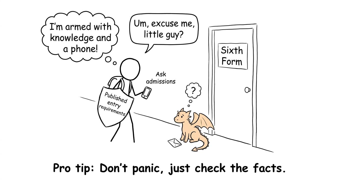 A student uses published requirements as a shield against a comically tiny results-day dragon