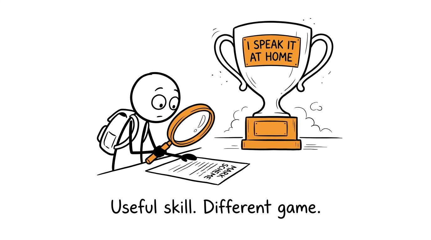 A student studies the mark scheme while an unused fluency trophy waits behind