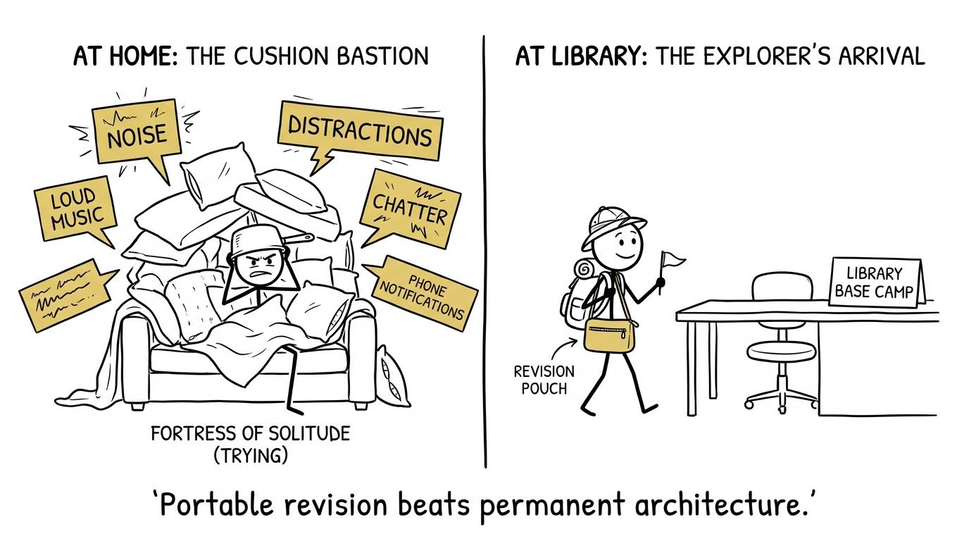 A student abandons a cushion fortress for a portable revision kit