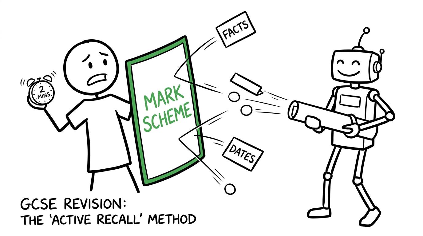 A student uses a timer and mark scheme to defend against a robot firing endless flashcards