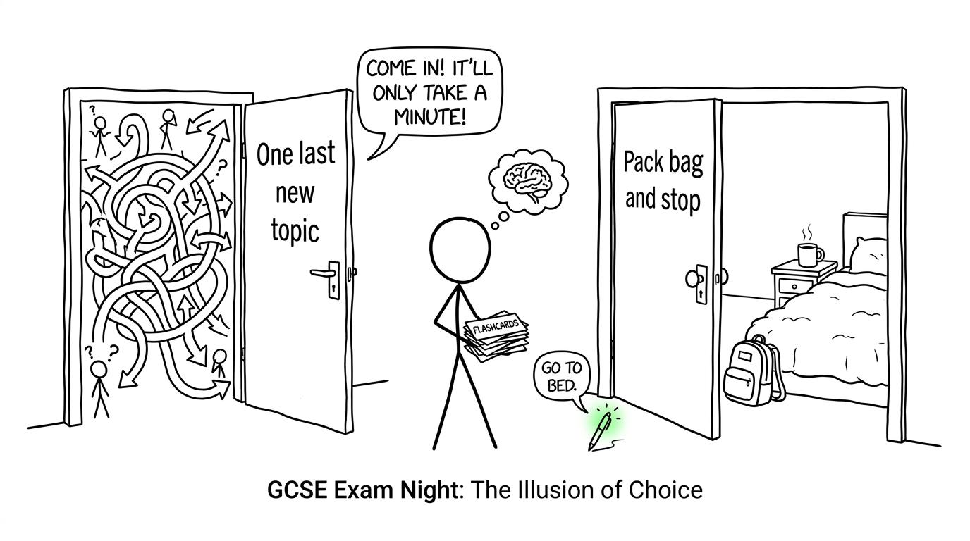 A student chooses between one new topic and the sensible route to bed