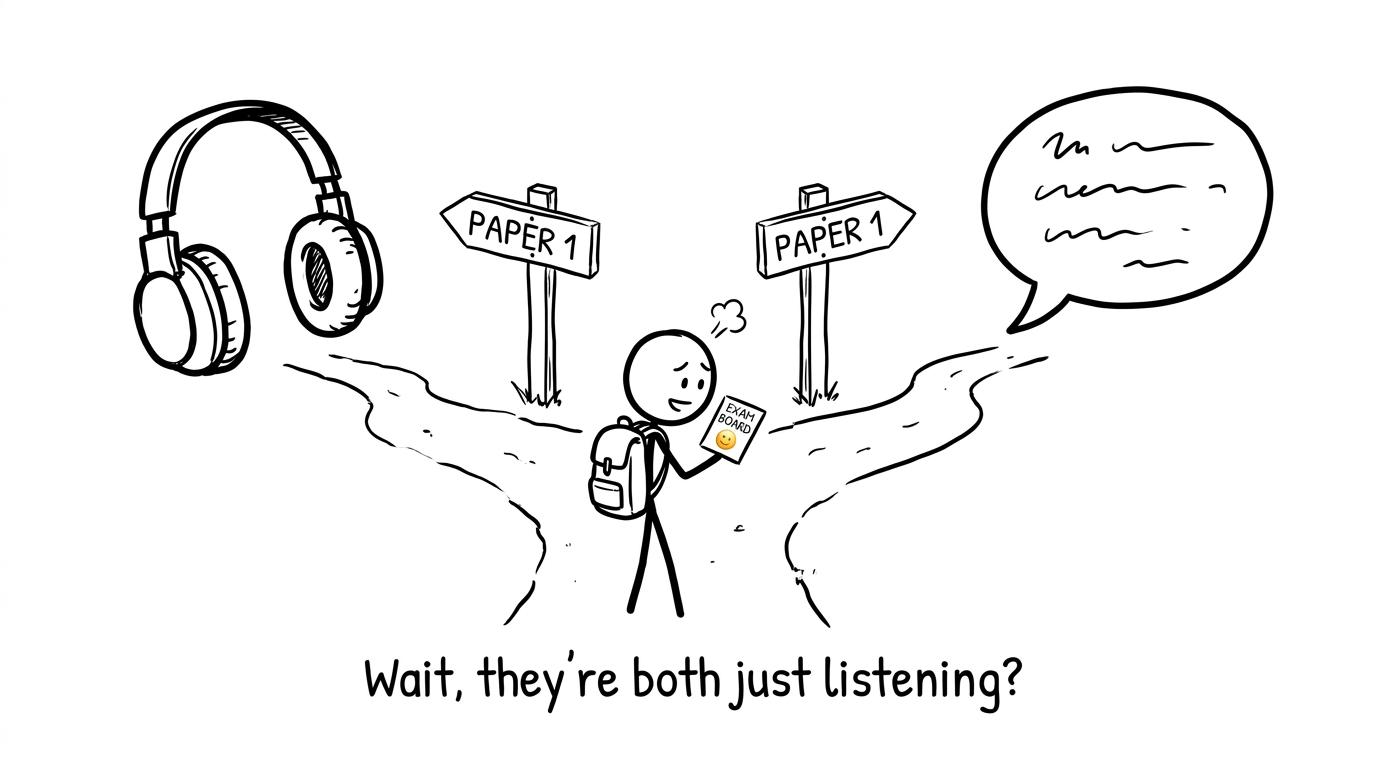 A student discovers that Paper 1 leads to either headphones or speaking depending on the exam board