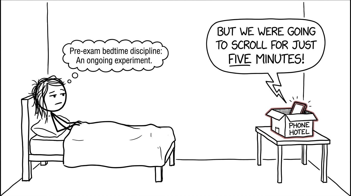 A GCSE student checks their phone into a tiny bedtime phone hotel
