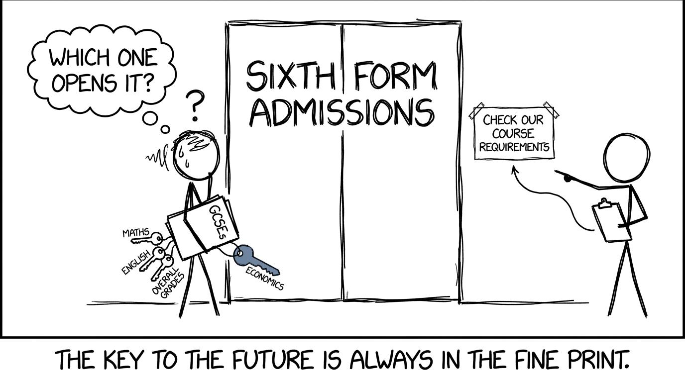 A student choosing between several GCSE keys at an admissions door