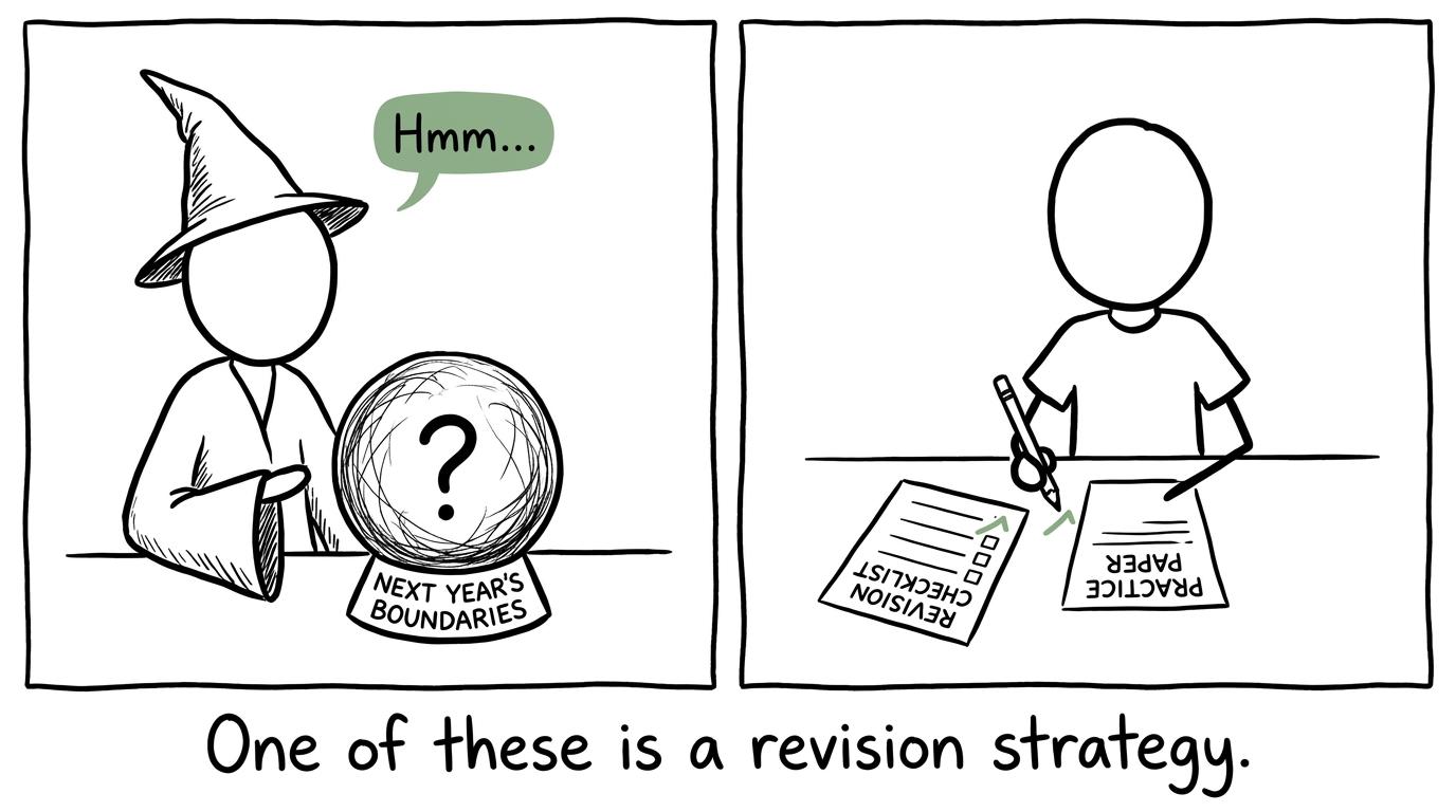 A fortune teller tries to predict boundaries while a student follows a revision checklist