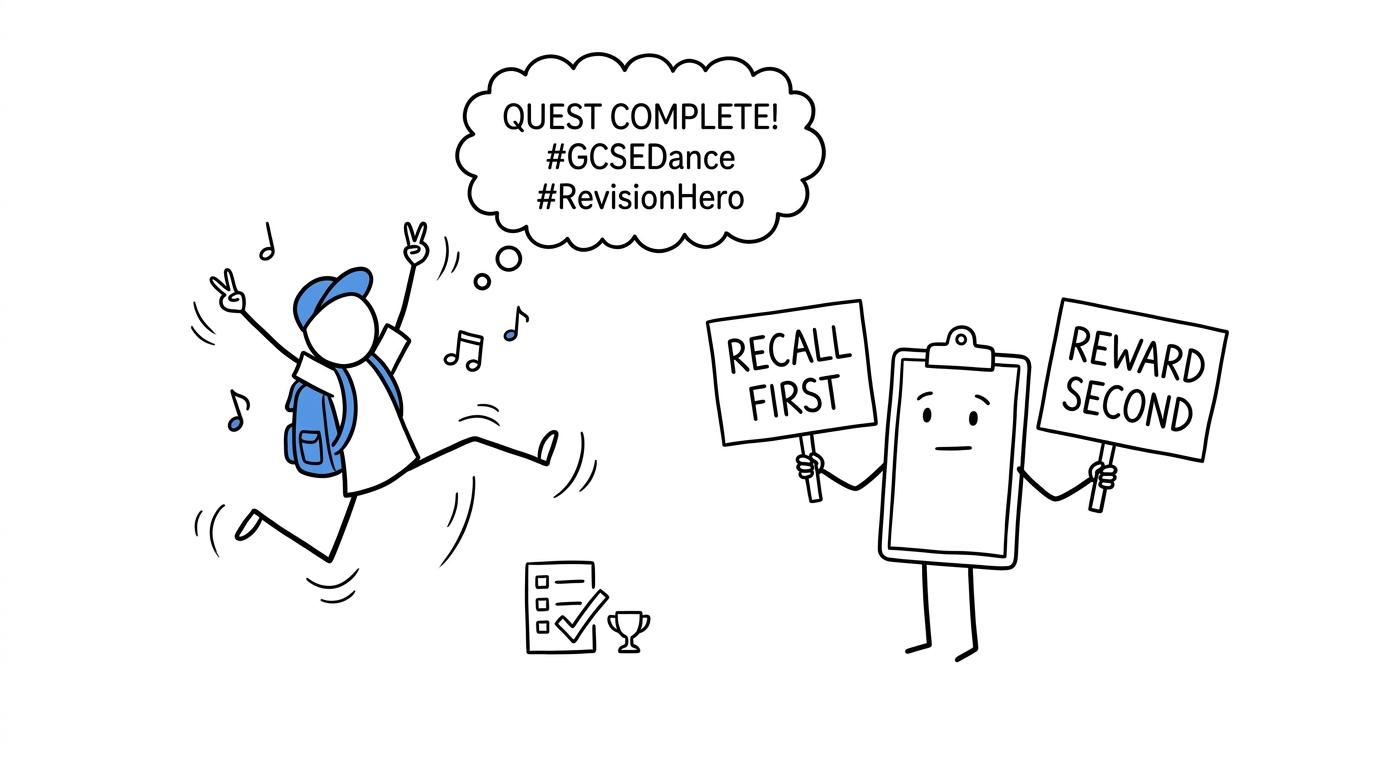 A dancing student celebrates a completed quest while a checklist insists that recall comes before reward