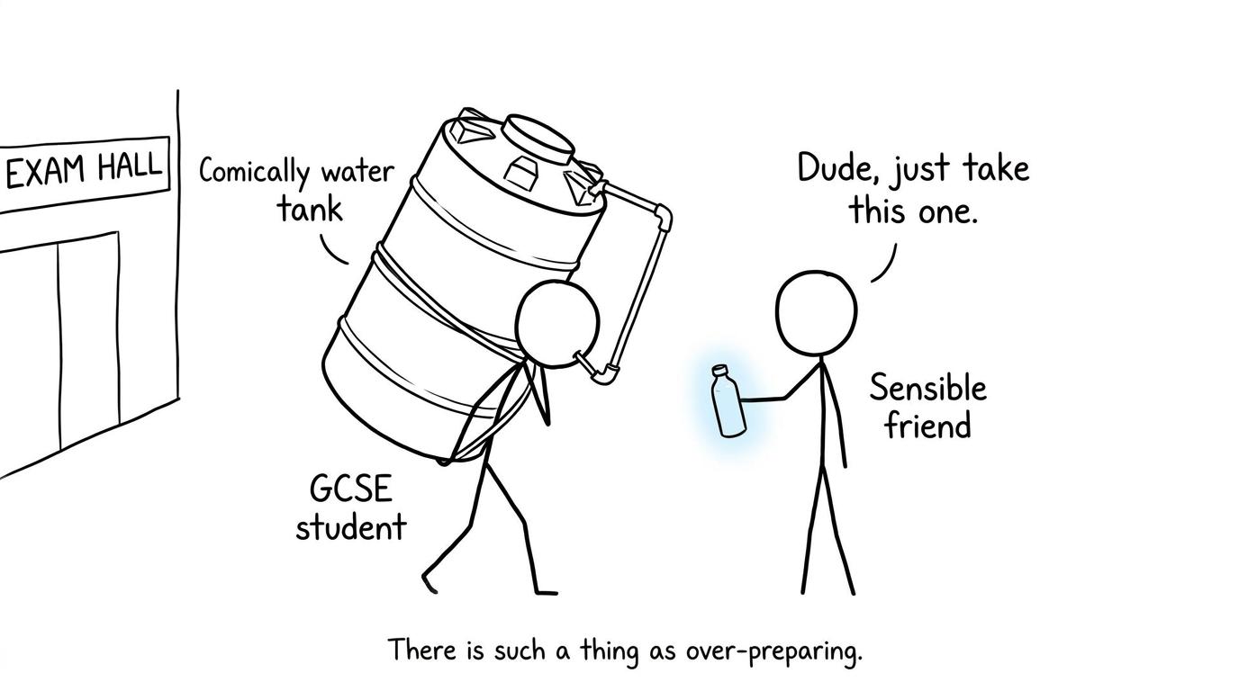A sensible water bottle confronts an absurd exam-day water tank