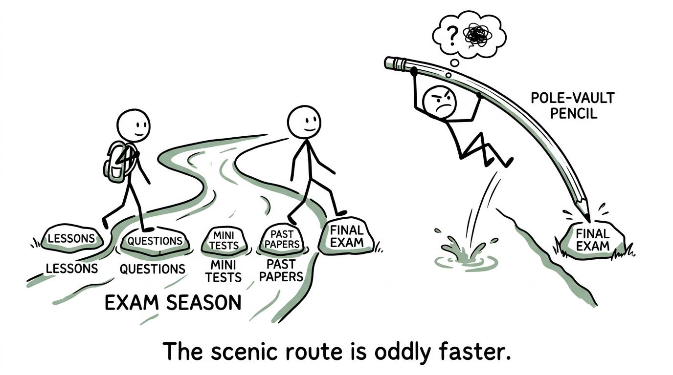 A sensible revision path crosses exam season while a pencil pole-vault attempt goes badly