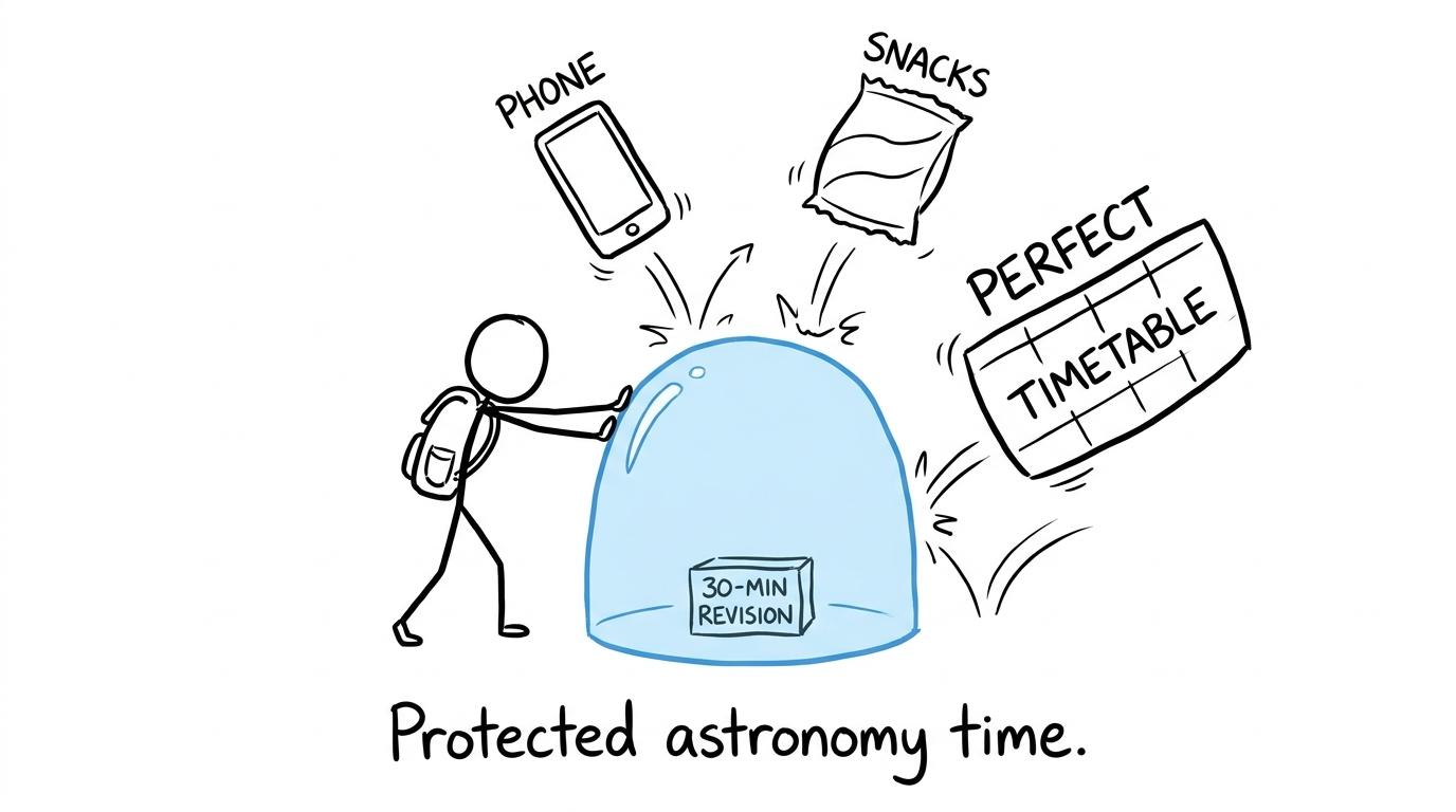 A student protecting a small astronomy revision block from distractions