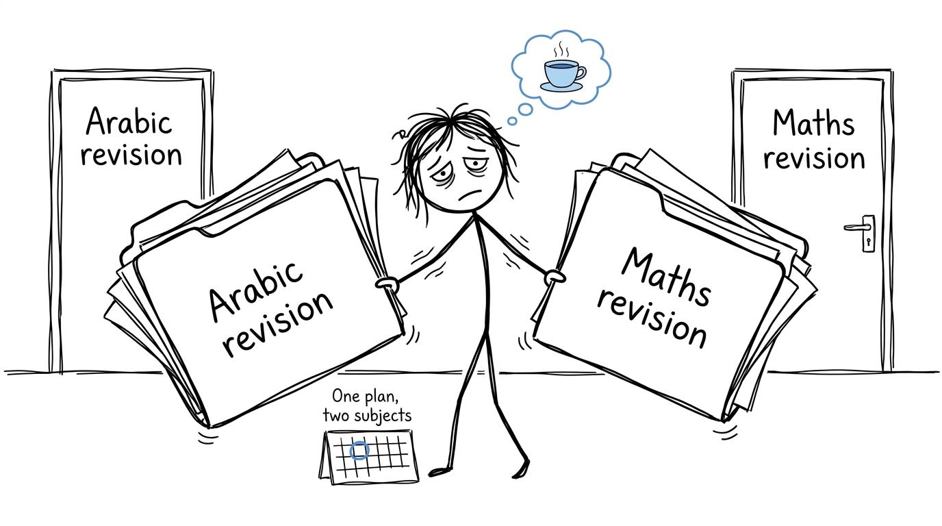 A student calmly balancing Arabic and maths revision folders using one simple plan