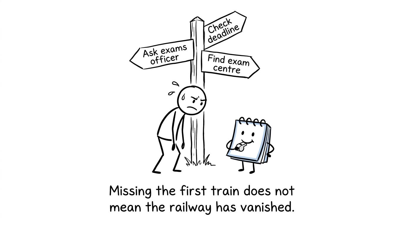 A student follows a calm signpost after missing an exam deadline