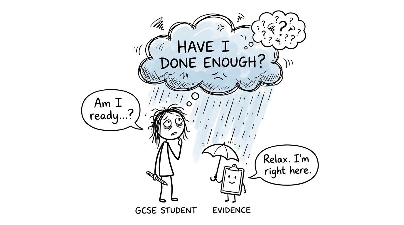 A student shelters from an anxious revision cloud using evidence