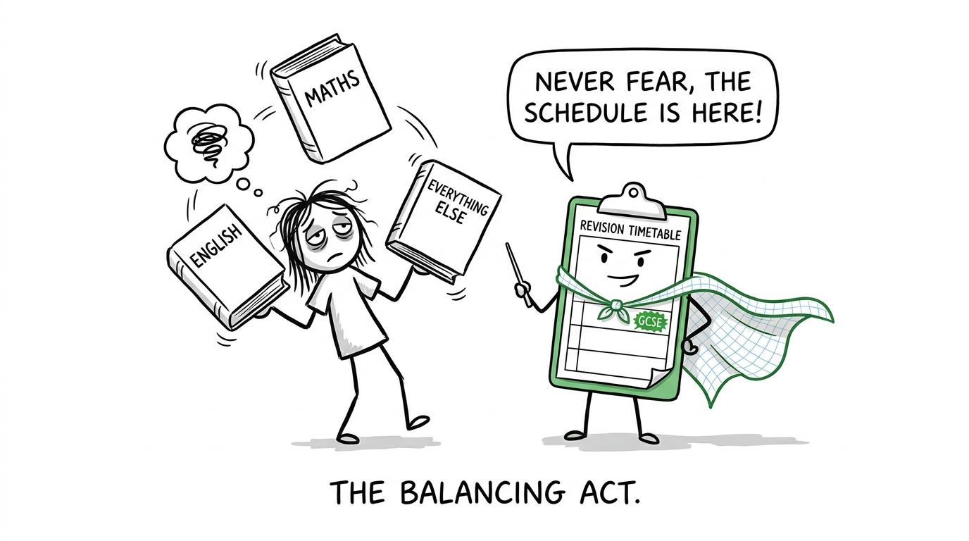 A revision timetable attempts to rescue a student juggling English, maths and everything else