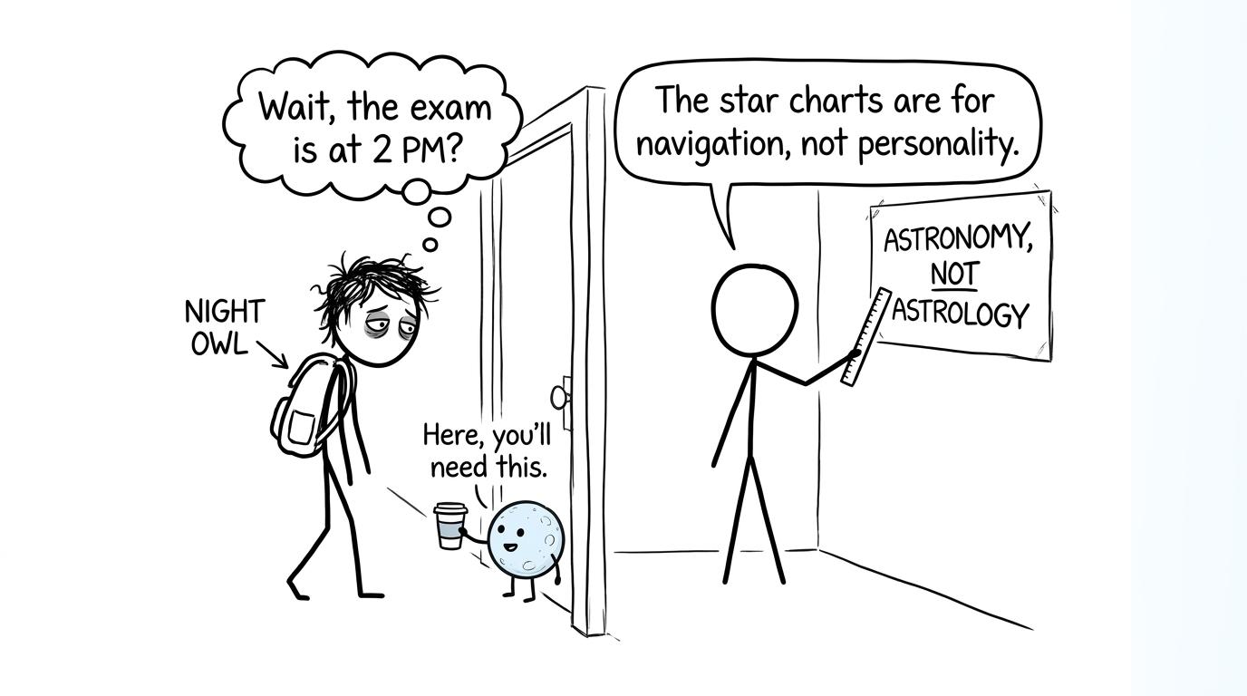 A night owl arrives for an astronomy exam while the Moon offers coffee