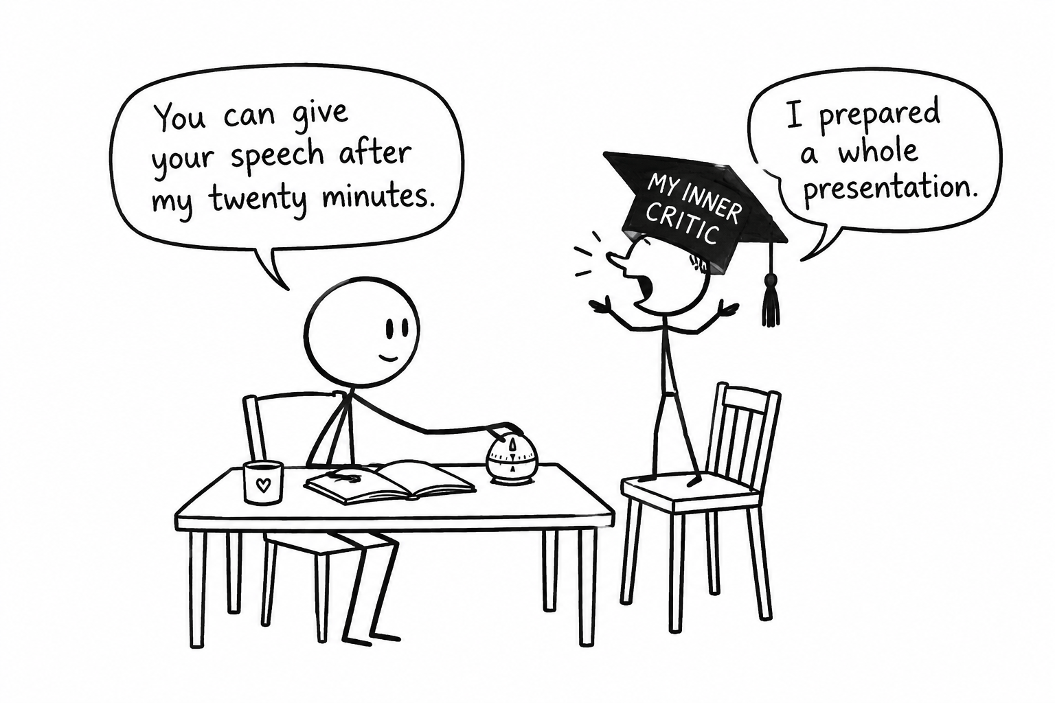 An adult learner calmly studies while their inner critic prepares an oversized presentation