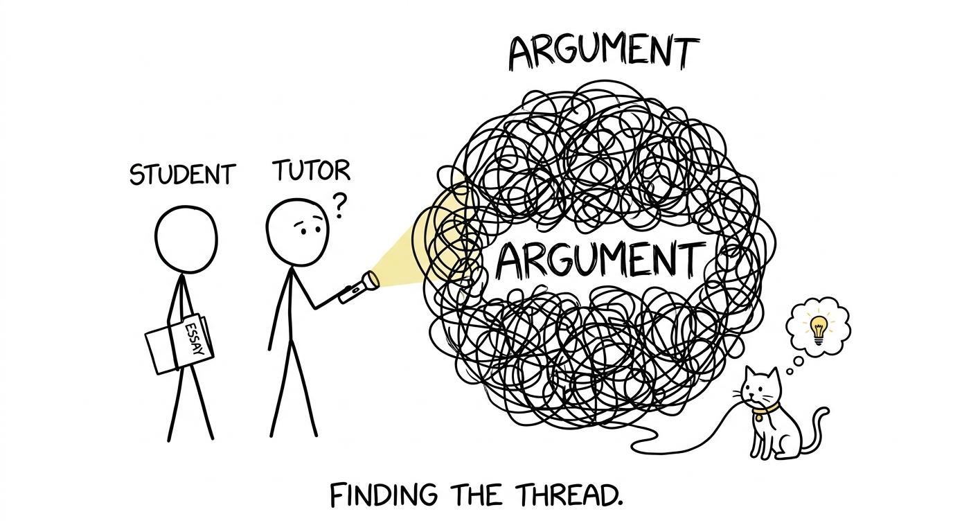 A philosophy tutor and student untangling a giant ball of argument while a cat finds the loose end