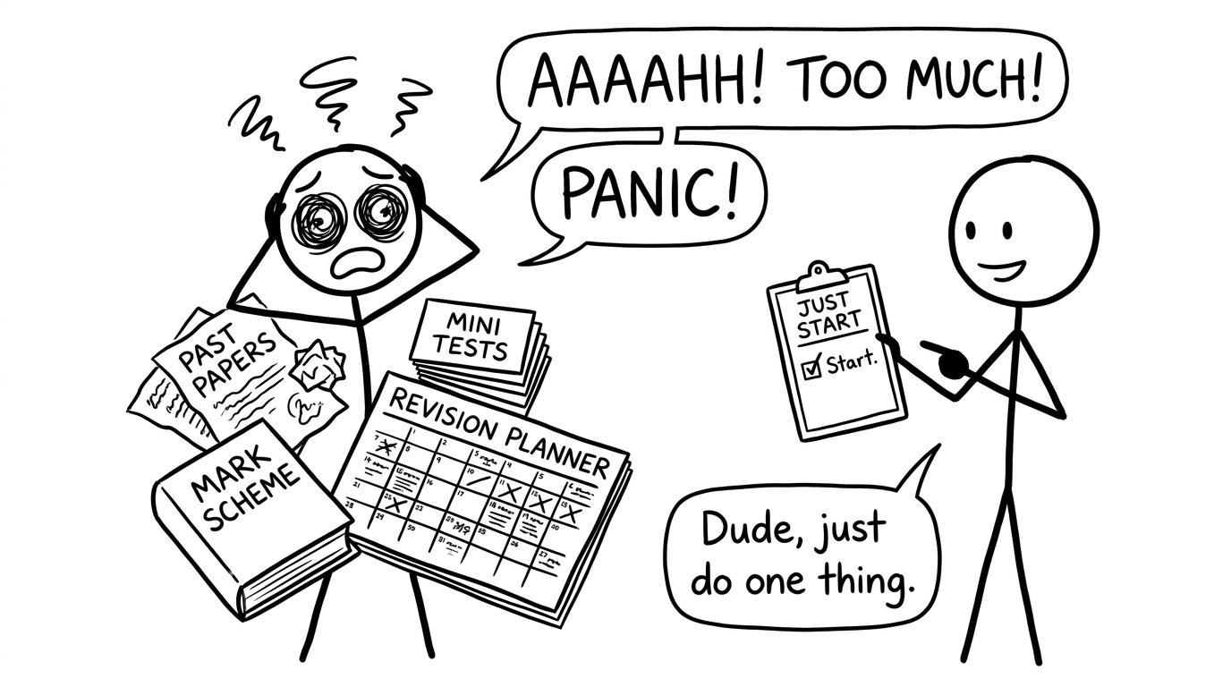 A stressed student and a tiny checklist called Just start