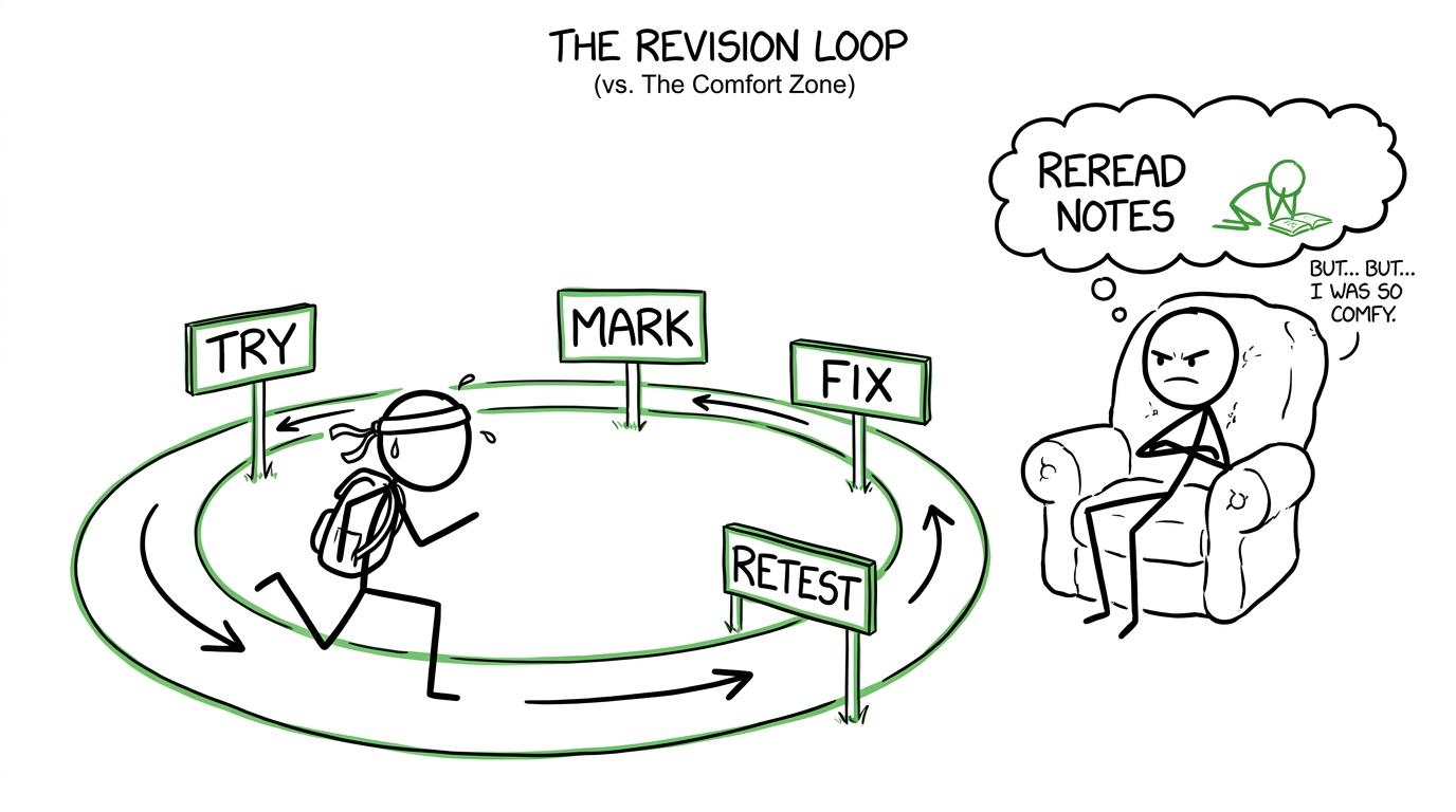 A student runs the try, mark, fix and retest loop while the rereading sofa looks offended