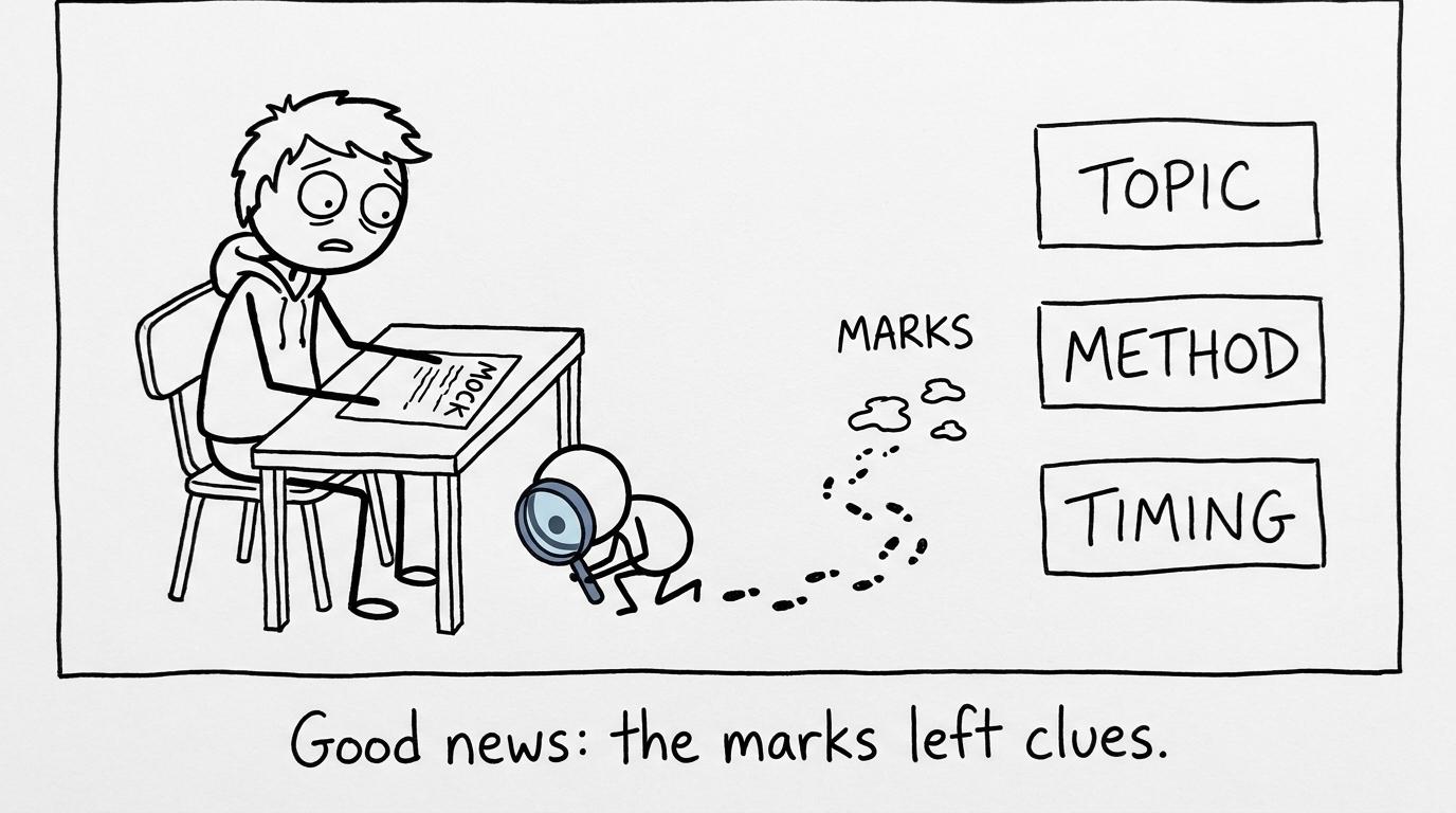 A student and a tiny detective investigate escaped marks from a mock paper