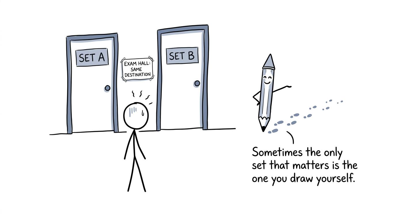A student discovers that different classroom doors can lead towards the same exam hall
