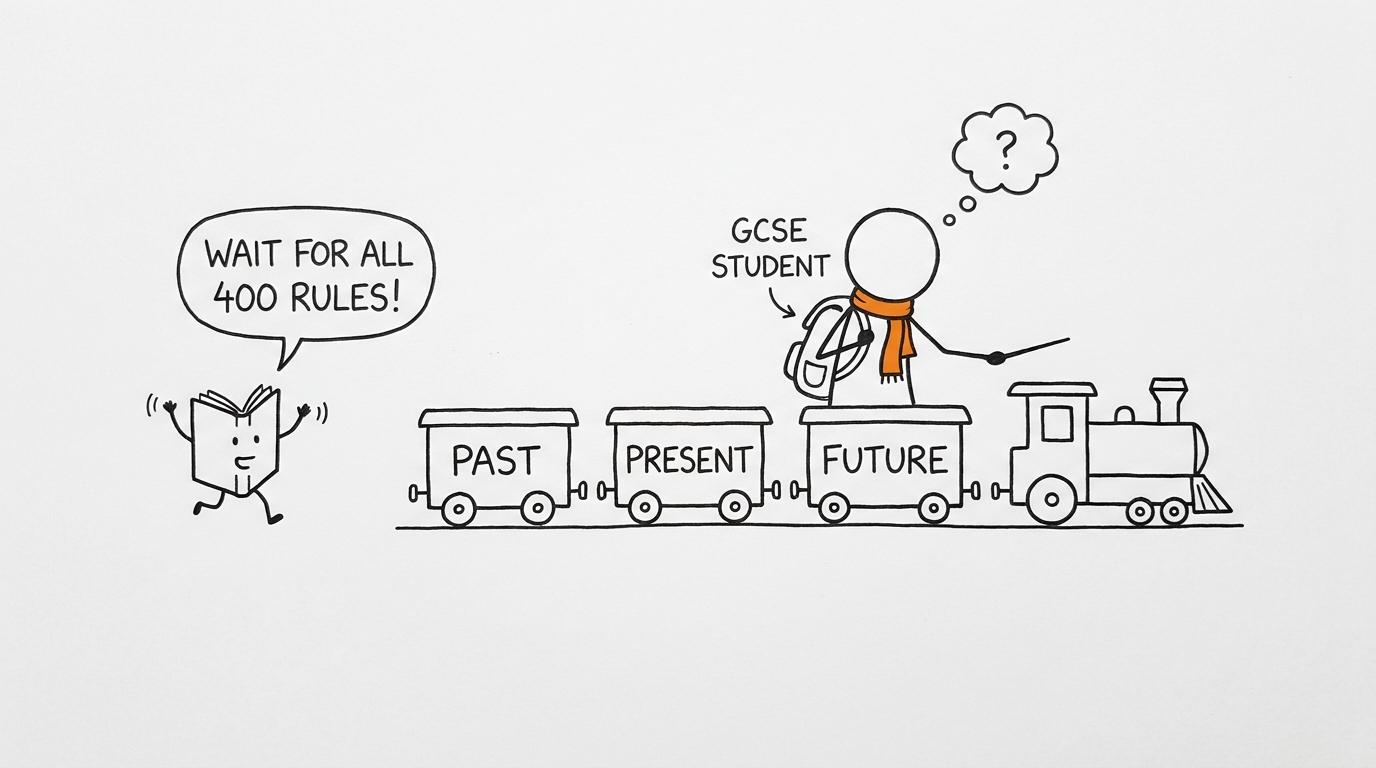 A three-carriage timeframe train escapes an enormous grammar book