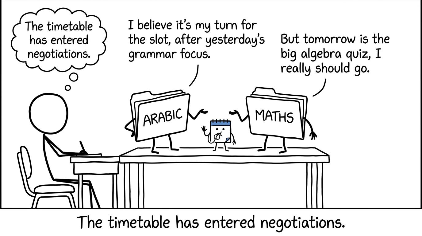 Arabic and maths folders negotiating over a revision timetable
