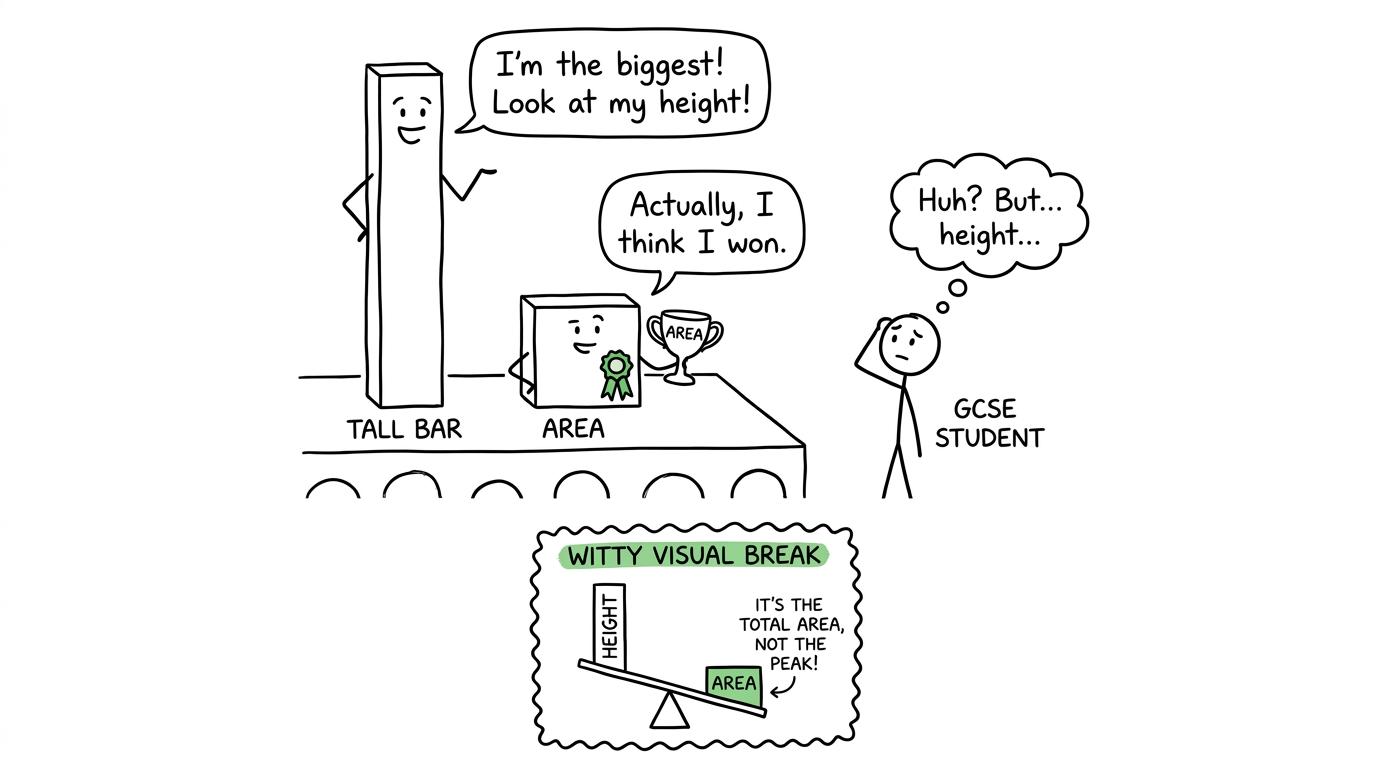 Two histogram bars argue about whether height or area deserves the trophy