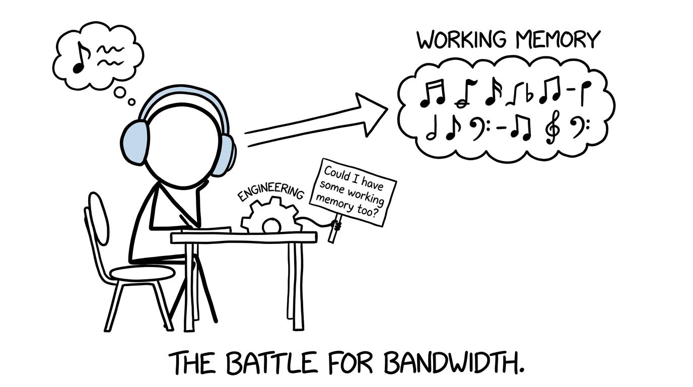 A student discovers that headphones and engineering drawings both want access to working memory