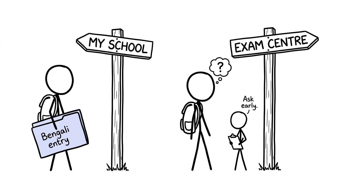 A student choosing between their school and another exam centre while an exams officer advises them to ask early