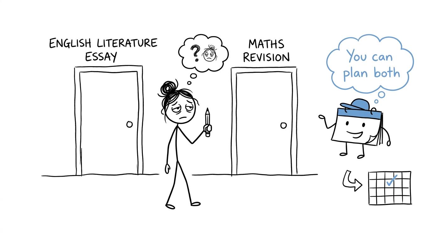 A GCSE student choosing between English Literature and maths revision while a calendar suggests planning both