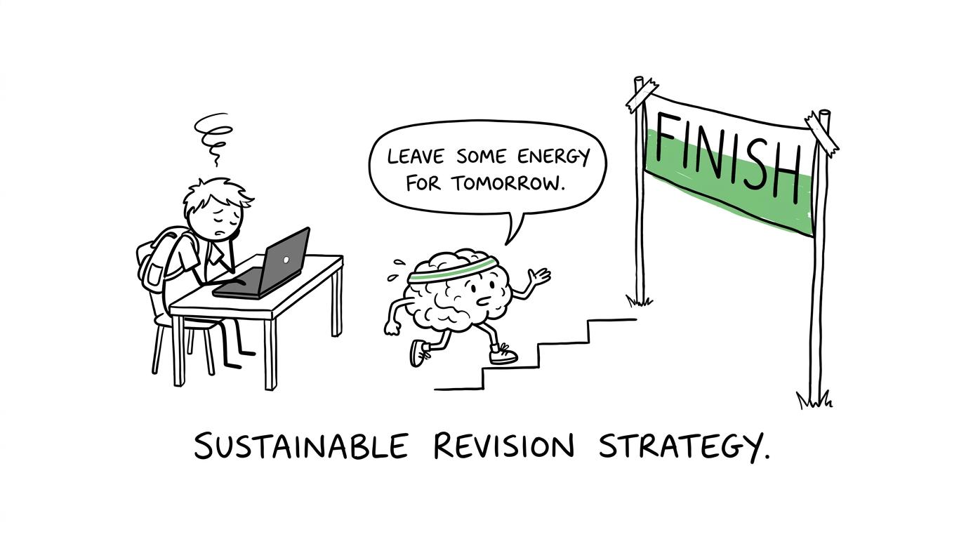 A cartoon brain reminds a student to save some energy for tomorrow