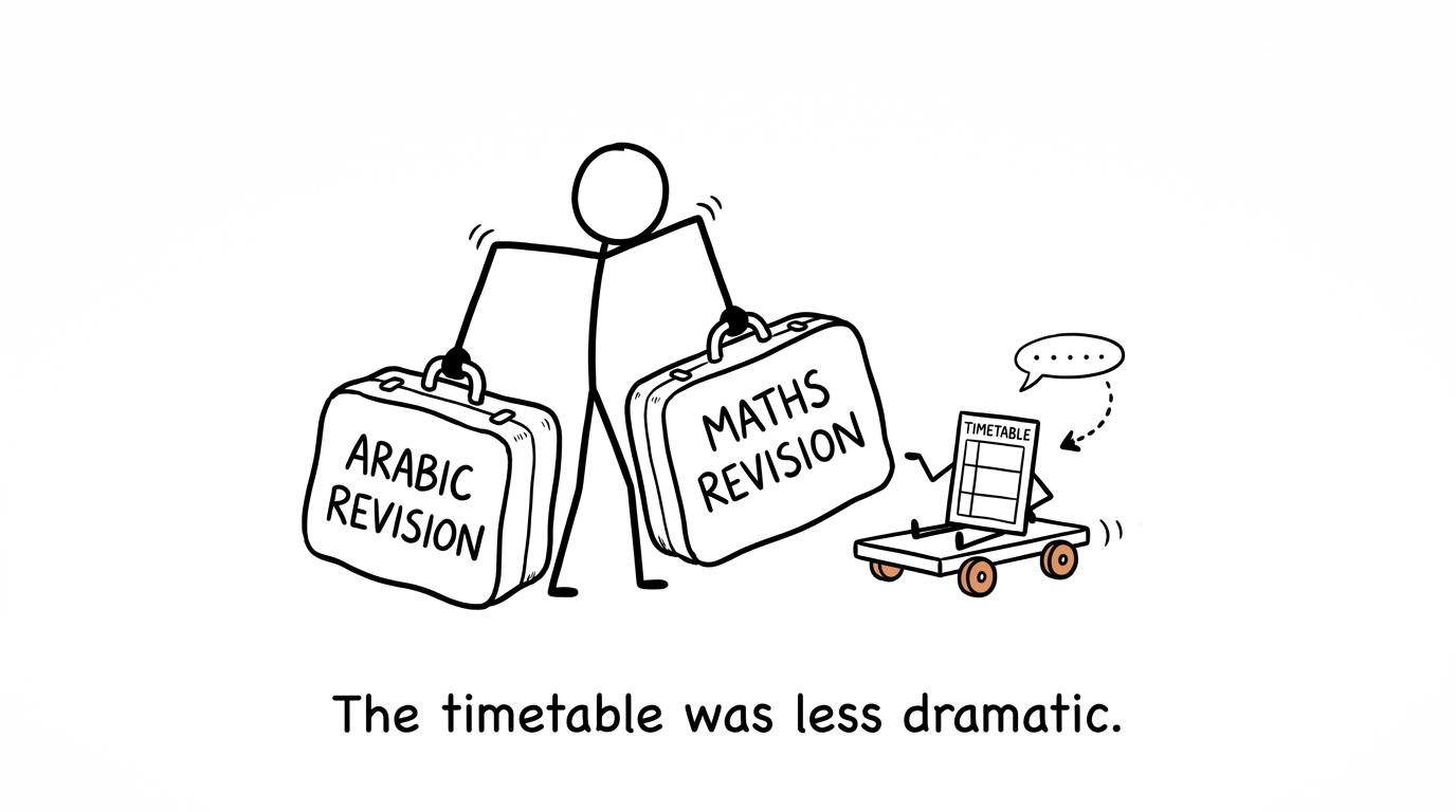 A timetable offers to carry oversized Arabic and maths revision suitcases