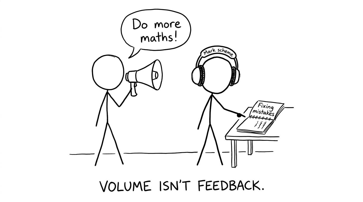 A stick figure shouting “Do more maths!” while another focuses on a mark scheme