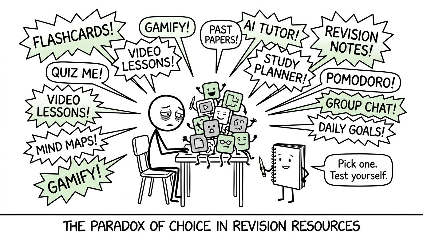 A GCSE student surrounded by too many revision apps while a calm notebook recommends choosing one