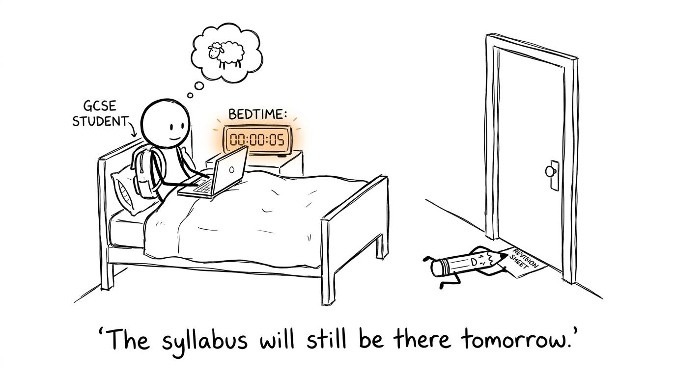 A student closes the countdown at bedtime while a pencil tries to sneak in one more revision sheet